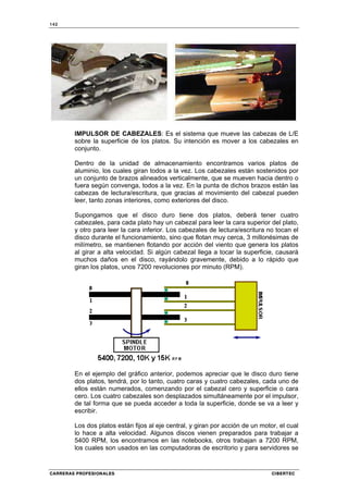 142
CARRERAS PROFESIONALES CIBERTEC
IMPULSOR DE CABEZALES: Es el sistema que mueve las cabezas de L/E
sobre la superficie de los platos. Su intención es mover a los cabezales en
conjunto.
Dentro de la unidad de almacenamiento encontramos varios platos de
aluminio, los cuales giran todos a la vez. Los cabezales están sostenidos por
un conjunto de brazos alineados verticalmente, que se mueven hacia dentro o
fuera según convenga, todos a la vez. En la punta de dichos brazos están las
cabezas de lectura/escritura, que gracias al movimiento del cabezal pueden
leer, tanto zonas interiores, como exteriores del disco.
Supongamos que el disco duro tiene dos platos, deberá tener cuatro
cabezales, para cada plato hay un cabezal para leer la cara superior del plato,
y otro para leer la cara inferior. Los cabezales de lectura/escritura no tocan el
disco durante el funcionamiento, sino que flotan muy cerca, 3 millonésimas de
milímetro, se mantienen flotando por acción del viento que genera los platos
al girar a alta velocidad. Si algún cabezal llega a tocar la superficie, causará
muchos daños en el disco, rayándolo gravemente, debido a lo rápido que
giran los platos, unos 7200 revoluciones por minuto (RPM).
En el ejemplo del gráfico anterior, podemos apreciar que le disco duro tiene
dos platos, tendrá, por lo tanto, cuatro caras y cuatro cabezales, cada uno de
ellos están numerados, comenzando por el cabezal cero y superficie o cara
cero. Los cuatro cabezales son desplazados simultáneamente por el impulsor,
de tal forma que se pueda acceder a toda la superficie, donde se va a leer y
escribir.
Los dos platos están fijos al eje central, y giran por acción de un motor, el cual
lo hace a alta velocidad. Algunos discos vienen preparados para trabajar a
5400 RPM, los encontramos en las notebooks, otros trabajan a 7200 RPM,
los cuales son usados en las computadoras de escritorio y para servidores se
 