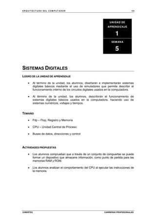A R Q U I T E C T U R A D E L C O M P U T A D O R 5 9
CIBERTEC CARRERAS PROFESIONALES
SISTEMAS DIGITALES
LOGRO DE LA UNIDAD DE APRENDIZAJE
• Al término de la unidad, los alumnos, diseñarán e implementarán sistemas
digitales básicos mediante el uso de simuladores que permite describir el
funcionamiento interno de los circuitos digitales usados en la computadora.
• Al término de la unidad, los alumnos, describirán el funcionamiento de
sistemas digitales básicos usados en la computadora, haciendo uso de
sistemas numéricos, voltajes y tiempos.
TEMARIO
• Filp – Flop, Registro y Memoria
• CPU – Unidad Central de Proceso
• Buses de datos, direcciones y control
ACTIVIDADES PROPUESTAS
• Los alumnos comprueban que a través de un conjunto de compuertas se puede
formar un dispositivo que almacene información, como punto de partida para las
memorias RAM y ROM.
• Los alumnos analizan el comportamiento del CPU al ejecutar las instrucciones de
la memoria.
UNIDAD DE
APRENDIZAJE
1
SEMANA
5
 
