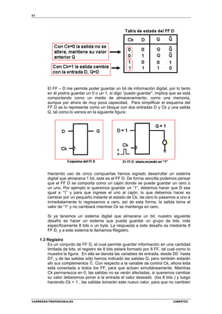 62
CARRERAS PROFESIONALES CIBERTEC
El FF – D me permite poder guardar un bit de información digital, por lo tanto
en él podría guardar un 0 o un 1, si digo “puedo guardar”, implica que se está
comportando como un medio de almacenamiento, como una memoria,
aunque por ahora de muy poca capacidad. Para simplificar el esquema del
FF D se lo representa como un bloque con dos entradas D y Ck y una salida
Q, tal como lo vemos en la siguiente figura:
Haciendo uso de cinco compuertas hemos logrado desarrollar un sistema
digital que almacena 1 bit, este es el FF D. De forma sencilla podemos pensar
que el FF D se comporta como un cajón donde se puede guardar un cero o
un uno. Por ejemplo si queremos guardar un “1”, debemos hacer que D sea
igual a “1” y para que ingrese el uno al cajón, lo que debemos hacer es
cambiar por un pequeño instante el estado de Ck, de cero lo pasamos a uno e
inmediatamente lo regresamos a cero, así de esta forma, la salida toma el
valor de “1” y no cambiará mientras Ck se mantenga en cero.
Si ya tenemos un sistema digital que almacena un bit, nuestro siguiente
desafío es hacer un sistema que pueda guardar un grupo de bits, más
específicamente 8 bits o un byte. La respuesta a este desafío es mediante 8
FF D, y a este sistema le llamamos Registro.
1.3 Registro
Es un conjunto de FF D, el cual permite guardar información en una cantidad
limitada de bits, el registro de 8 bits estará formado por 8 FF, tal cual como lo
muestra la figura. En ella se denota las variables de entrada, desde D0 hasta
D7, y de las salidas sólo hemos indicado las salidas Q, pero también estarán
allí sus complementos . Con respecto a la variable de control Ck, ahora ésta
está conectada a todos los FF, para que actúen simultáneamente. Mientras
Ck permanezca en 0, las salidas no se verán afectadas, si queremos cambiar
su valor deberemos poner a la entrada el valor deseado (los 8 bits ) y luego
haciendo Ck = 1 , las salidas tomarán este nuevo valor, para que no cambien
 