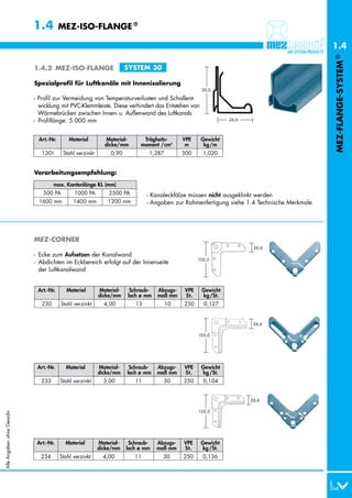 1.4         MEZ-ISO-FLANGE ®

                                                                                                                                            1.4




                                                                                                                                            MEZ-FLANGE-SYSTEM ®
                           1.4.2 MEZ-ISO-FLANGE                       SYSTEM 30

                           Spezialprofil für Luftkanäle mit Innenisolierung
                                                                                                   30,0

                           - Profil zur Vermeidung von Temperaturverlusten und Schallent-
                             wicklung mit PVC-Klemmleiste. Diese verhindert das Entstehen von
                             Wärmebrücken zwischen Innen- u. Außenwand des Luftkanals
                           - Profillänge: 5.000 mm                                                           26,6



                            Art.-Nr.        Material        Material-       Trägheits-      VPE    Gewicht
                                                            dicke/mm       moment /cm4       m      kg /m
                              130 I      Stahl verzinkt        0,90           1,287         500     1,020


                           Verarbeitungsempfehlung:
                                      max. Kantenlänge KL (mm)
                             0500 PA          1000 PA         2500 PA         - Kanaleckfälze müssen nicht ausgeklinkt werden
                             1600 mm          1400 mm         1200 mm         - Angaben zur Rahmenfertigung siehe 1.4 Technische Merkmale




                           MEZ-CORNER
                                                                                                                     26,6
                           - Ecke zum Aufsetzen der Kanalwand
                                                                                                  105,0
                           - Abdichten im Eckbereich erfolgt auf der Innenseite
                             der Luftkanalwand


                            Art.-Nr.       Material       Material-    Schraub-   Abzugs-   VPE    Gewicht
                                                          dicke/mm    loch ø mm   maß mm    St.    kg /St.
                              230       Stahl verzinkt      4,00         13           10    250     0,127


                                                                                                                     26,6

                                                                                                  105,0




                            Art.-Nr.      Material        Material-    Schraub-   Abzugs-   VPE    Gewicht
                                                          dicke/mm    loch ø mm   maß mm    St.    kg /St.
                             233        Stahl verzinkt      3,00         11         30      250     0,104


                                                                                                                    26,6

                                                                                                  105,0
Alle Angaben ohne Gewähr




                            Art.-Nr.      Material        Material-    Schraub-   Abzugs-   VPE    Gewicht
                                                          dicke/mm    loch ø mm   maß mm    St.    kg /St.
                             234        Stahl verzinkt      4,00         11         30      250     0,136
 