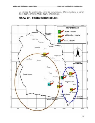 Ajuste PDM SOPACHUY 2006 – 2010.                    ASPECTOS ECONÓMICOS PRDUCTIVOS.



       Los niveles de rendimiento, entre las comunidades, difieren bastante y varían
       desde 3qq/ha (Milanes Alto) a 8qq/ha (Matela Baja).

       MAPA 17. PRODUCCIÓN DE AJI.




                                                                                  73
 