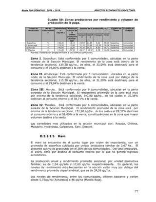 Ajuste PDM SOPACHUY 2006 – 2010.                                       ASPECTOS ECONÓMICOS PRDUCTIVOS.



                        Cuadro 58: Zonas productoras por rendimiento y volumen de
                        producción de la papa.

      Zonas de       No de    Rendimient Producció   Destino de la producción (%)      Lugares de   Lugares de
     Producción    Comunidade     o      n anual de                                      Venta       Trueque
                       s       (qq/ha.)      la
                                           unidad   Consum Semill Trueque Venta
                                         productiva    o       a
                                          familiar
                                            (qq)
   I Sopachuy          5         139,20     14,10     33,59   17,89    9,52    39,00   Sopachuy     Comunidad
   II Amancaya         5         115,20     12,80     31,20   20,48    18,38   29,94   Sopachuy     Comunidad
   III Horcas          9         140,80     22,20     36,38   16,31    8,60    38,71   Sopachuy     Comunidad
   IV Matelas          6         131,90     20,50     28,37    13,97    6,58   51,08   Sopachuy     Comunidad
        Fuente: Elaboración propia en base a las boletas comunales.

        Zona I. Sopachuy: Está conformada por 5 comunidades, ubicadas en la parte
        noreste de la Sección Municipal. El rendimiento de la zona está dentro de la
        tendencia seccional, 139,20 qq/ha., de ellos, el 33,59% está destinado para el
        consumo y el 39,00% destinan a la venta.

        Zona II. Amancaya: Está conformada por 5 comunidades, ubicadas en la parte
        norte de la Sección Municipal. El rendimiento de la zona está por debajo de la
        tendencia seccional, 115,20 qq/ha., de ellos, el 31,20% está destinado para el
        consumo y el 29,94% destinan a la venta.

        Zona III. Horcas. Está conformada por 9 comunidades, ubicadas en la parte
        suroeste de la Sección Municipal. El rendimiento promedio de la zona está muy
        por encima de la tendencia seccional, 140,80 qq/ha., de los cuales el 36,38%
        destinan al consumo interno y el 38,71% a la venta.

        Zona IV. Matelas. Está conformada por 6 comunidades, ubicadas en la parte
        sureste de la Sección Municipal. El rendimiento promedio de la zona está por
        encima de la tendencia seccional, 131,90 qq/ha., de los cuales el 28,37% destinan
        al consumo interno y el 51,09% a la venta, constituyéndose en la zona que mayor
        volumen destina a la venta.

        Las variedades mas utilizadas en la sección municipal son: Rosada, Chilena,
        Malcacho, Holandeza, Callparuna, Sani, Dessiré.


                  D.2.1.1.5. Maní.

        El maní se encuentra en el quinto lugar por orden de importancia, con un
        promedio de superficie cultivada por unidad productiva familiar de 0,07 ha.. El
        presente cultivo es practicado en el 28% de las comunidades. Del total producido,
        el 100% tiene por destino al consumo interno por lo que no genera ingresos
        económicos.

        La producción anual y rendimiento promedio seccional, por unidad productiva
        familiar, es de 1,04 qq/año y 17,60 qq/ha. respectivamente. En general, los
        niveles de rendimiento más frecuentes en la sección están muy por debajo del
        rendimiento promedio departamental, que es de 24,56 qq/ha.

        Los niveles de rendimiento, entre las comunidades, difieren bastante y varían
        desde 5,75qq/ha (Achatalas) a 46 qq/ha (Matela Baja).



                                                                                                                 77
 