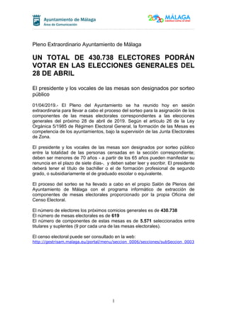 1
Pleno Extraordinario Ayuntamiento de Málaga
UN TOTAL DE 430.738 ELECTORES PODRÁN
VOTAR EN LAS ELECCIONES GENERALES DEL
28 DE ABRIL
El presidente y los vocales de las mesas son designados por sorteo
público
01/04/2019.- El Pleno del Ayuntamiento se ha reunido hoy en sesión
extraordinaria para llevar a cabo el proceso del sorteo para la asignación de los
componentes de las mesas electorales correspondientes a las elecciones
generales del próximo 28 de abril de 2019. Según el artículo 26 de la Ley
Orgánica 5/1985 de Régimen Electoral General, la formación de las Mesas es
competencia de los ayuntamientos, bajo la supervisión de las Junta Electorales
de Zona.
El presidente y los vocales de las mesas son designados por sorteo público
entre la totalidad de las personas censadas en la sección correspondiente;
deben ser menores de 70 años - a partir de los 65 años pueden manifestar su
renuncia en el plazo de siete días-, y deben saber leer y escribir. El presidente
deberá tener el título de bachiller o el de formación profesional de segundo
grado, o subsidiariamente el de graduado escolar o equivalente.
El proceso del sorteo se ha llevado a cabo en el propio Salón de Plenos del
Ayuntamiento de Málaga con el programa informático de extracción de
componentes de mesas electorales proporcionado por la propia Oficina del
Censo Electoral.
El número de electores los próximos comicios generales es de 430.738
El número de mesas electorales es de 619
El número de componentes de estas mesas es de 5.571 seleccionados entre
titulares y suplentes (9 por cada una de las mesas electorales).
El censo electoral puede ser consultado en la web:
http://gestrisam.malaga.eu/portal/menu/seccion_0006/secciones/subSeccion_0003
 