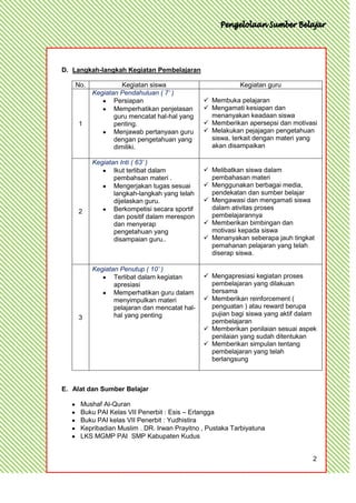 D. Langkah-langkah Kegiatan Pembelajaran

    No.             Kegiatan siswa                        Kegiatan guru
          Kegiatan Pendahuluan ( 7’ )
                 Persiapan                      Membuka pelajaran
                 Memperhatikan penjelasan       Mengamati kesiapan dan
                 guru mencatat hal-hal yang      menanyakan keadaan siswa
     1           penting.                       Memberikan apersepsi dan motivasi
                 Menjawab pertanyaan guru       Melakukan pejajagan pengetahuan
                 dengan pengetahuan yang         siswa, terkait dengan materi yang
                 dimiliki.                       akan disampaikan

          Kegiatan Inti ( 63’ )
                 Ikut terlibat dalam            Melibatkan siswa dalam
                 pembahsan materi .              pembahasan materi
                 Mengerjakan tugas sesuai       Menggunakan berbagai media,
                 langkah-langkah yang telah      pendekatan dan sumber belajar
                 dijelaskan guru.               Mengawasi dan mengamati siswa
                 Berkompetisi secara sportif     dalam ativitas proses
     2
                 dan positif dalam merespon      pembelajarannya
                 dan menyerap                   Memberikan bimbingan dan
                 pengetahuan yang                motivasi kepada siswa
                 disampaian guru..              Menanyakan seberapa jauh tingkat
                                                 pemahanan pelajaran yang telah
                                                 diserap siswa.

          Kegiatan Penutup ( 10’ )
                 Terlibat dalam kegiatan        Mengapresiasi kegiatan proses
                 apresiasi                       pembelajaran yang dilakuan
                 Memperhatikan guru dalam        bersama
                 menyimpulkan materi            Memberikan reinforcement (
                 pelajaran dan mencatat hal-     penguatan ) atau reward berupa
                 hal yang penting                pujian bagi siswa yang aktif dalam
     3
                                                 pembelajaran
                                                Memberikan penilaian sesuai aspek
                                                 penilaian yang sudah ditentukan
                                                Memberikan simpulan tentang
                                                 pembelajaran yang telah
                                                 berlangsung



E. Alat dan Sumber Belajar

     Mushaf Al-Quran
     Buku PAI Kelas VII Penerbit : Esis – Erlangga
     Buku PAI kelas VII Penerbit : Yudhistira
     Kepribadian Muslim . DR. Irwan Prayitno , Pustaka Tarbiyatuna
     LKS MGMP PAI SMP Kabupaten Kudus


                                                                                 2
 