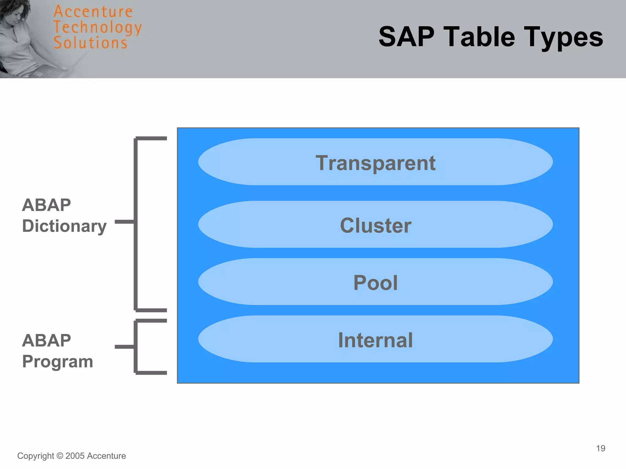 SAP Table Types Transparent Cluster Pool Internal ABAP Dictionary ABAP Program 