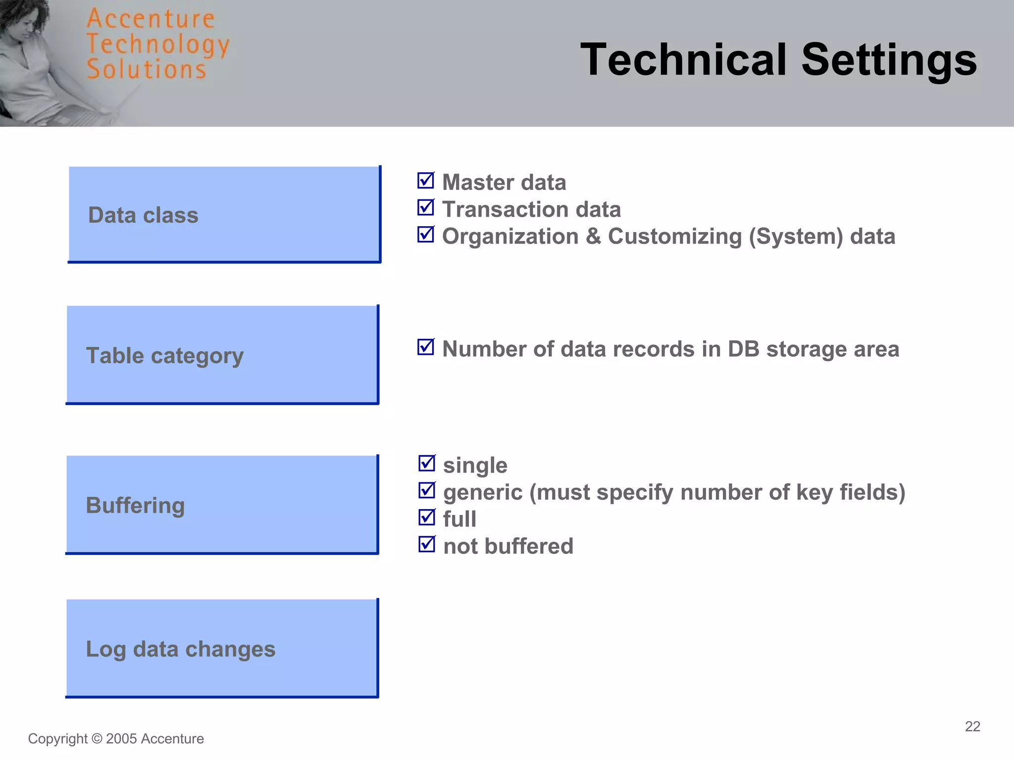 Technical Settings Master data Transaction data Organization & Customizing (System) data Number of data records in DB storage area single generic (must specify number of key fields) full not buffered Data class Table category Buffering Log data changes 