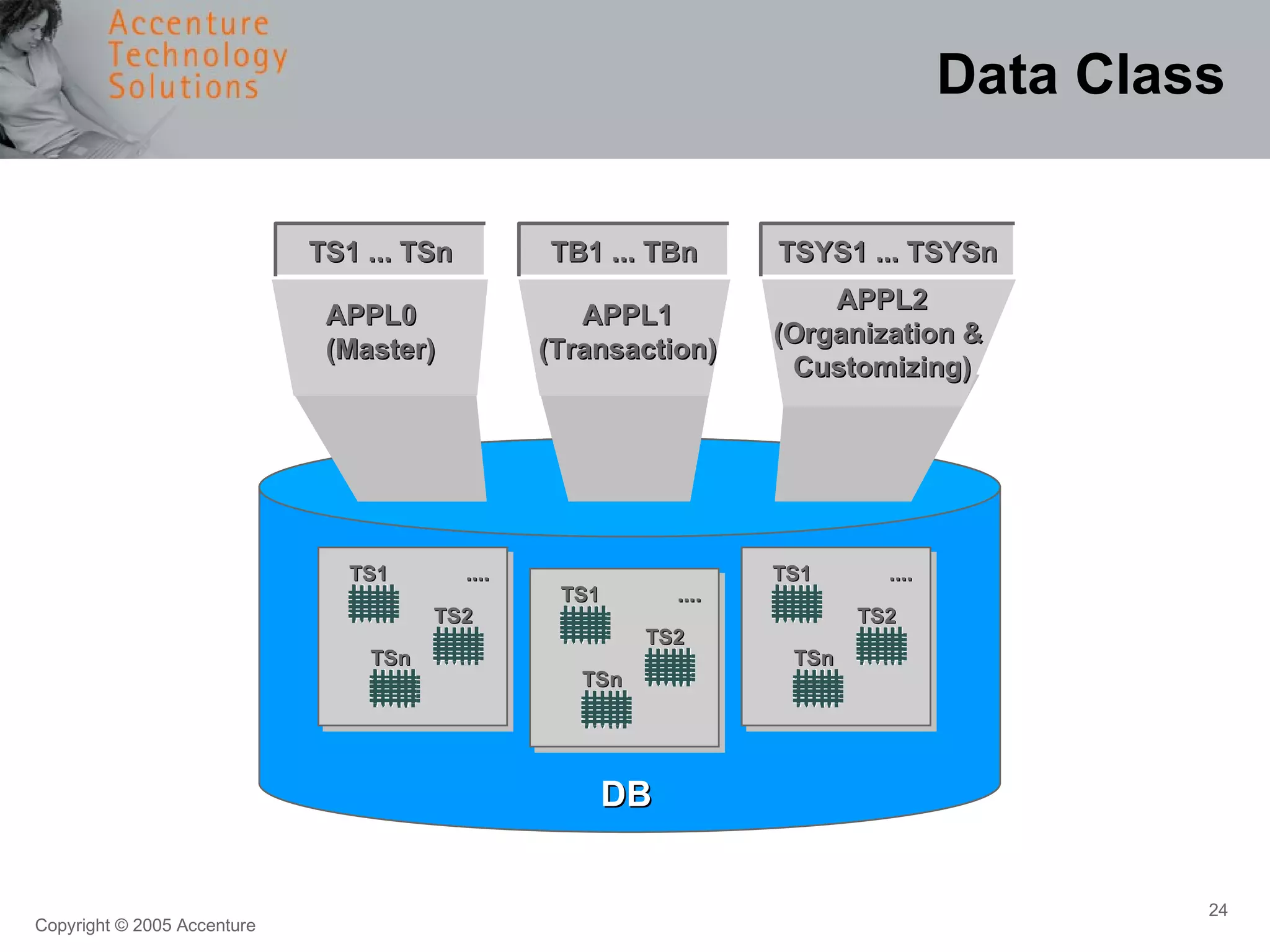 Data Class TS1 TSn TS2 .... TS1 TSn TS2 .... TS1 TSn TS2 .... APPL0 (Master) APPL2 (Organization &  Customizing) APPL1 (Transaction) DB TS1 ... TSn TSYS1 ... TSYSn TB1 ... TBn 