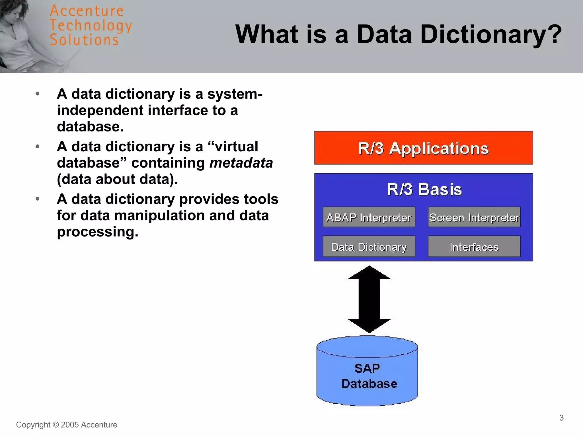 What is a Data Dictionary? A data dictionary is a system-independent interface to a database. A data dictionary is a “virtual database” containing  metadata  (data about data). A data dictionary provides tools for data manipulation and data processing. 