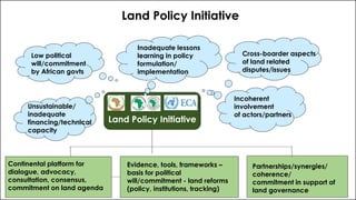 Land Policy Initiative
Land Policy Initiative
Unsustainable/
inadequate
financing/technical
capacity
Cross-boarder aspects...