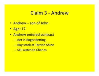 Claim 3 - Andrew
• Andrew – son of John
• Age: 17
• Andrew entered contract
  – Bet in Roger Betting
  – Buy stock at Tarnish Shine
  – Sell watch to Charles
 