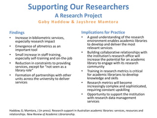 Supporting Our Researchers
A Research Project
Gaby Haddow & Jayshree Mamtora
Findings
• Increase in bibliometric services,
especially research impact
• Emergence of altmetrics as an
important tool
• Small increase in staff training,
especially self-training and on-the-job
• Reduction in constraints to providing
services, except for “not seen as a
library role”
• Formation of partnerships with other
units across the university to deliver
services
Implications for Practice
• A good understanding of the research
environment enables academic libraries
to develop and deliver the most
relevant services
• Building collaborative relationships with
the institution’s research office will
increase the potential for an academic
library to engage with its research
community
• Training in research metrics is critical
for academic librarians to develop
knowledge and skills
• Research metrics will become
increasingly complex and sophisticated,
requiring constant upskilling
• Opportunity to support the institution
with research data management
services
Haddow, G; Mamtora, J (in press). Research support in Australian academic libraries: services, resources and
relationships. New Review of Academic Librarianship.
 