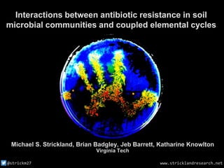 Interactions between antibiotic resistance in soil
microbial communities and coupled elemental cycles
Michael S. Strickland, Brian Badgley, Jeb Barrett, Katharine Knowlton
Virginia Tech
@strickm27 www.stricklandresearch.net
 