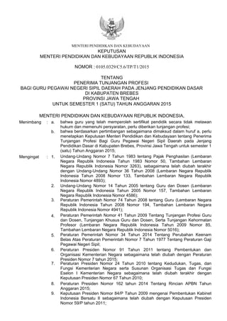 KEPUTUSAN
MENTERI PENDIDIKAN DAN KEBUDAYAAN REPUBLIK INDONESIA
NOMOR : 0105.0329/C5.6/TP/T1/2015
TENTANG
PENERIMA TUNJANGAN PROFESI
BAGI GURU PEGAWAI NEGERI SIPIL DAERAH PADA JENJANG PENDIDIKAN DASAR
DI KABUPATEN BREBES
PROVINSI JAWA TENGAH
UNTUK SEMESTER 1 (SATU) TAHUN ANGGARAN 2015
MENTERI PENDIDIKAN DAN KEBUDAYAAN REPUBLIK INDONESIA,
Menimbang : bahwa guru yang telah memperoleh sertifikat pendidik secara tidak melawan
hukum dan memenuhi persyaratan, perlu diberikan tunjangan profesi;
Mengingat : 1.
2. Undang-Undang Nomor 14 Tahun 2005 tentang Guru dan Dosen (Lembaran
Negara Republik Indonesia Tahun 2005 Nomor 157, Tambahan Lembaran
Negara Republik Indonesia Nomor 4586);
3.
Peraturan Pemerintah Nomor 41 Tahun 2009 Tentang Tunjangan Profesi Guru
dan Dosen, Tunjangan Khusus Guru dan Dosen, Serta Tunjangan Kehormatan
Profesor (Lembaran Negara Republik Indonesia Tahun 2009 Nomor 85,
Tambahan Lembaran Negara Republik Indonesia Nomor 5016);
4.
Peraturan Pemerintah Nomor 74 Tahun 2008 tentang Guru (Lembaran Negara
Republik Indonesia Tahun 2008 Nomor 194, Tambahan Lembaran Negara
Republik Indonesia Nomor 4941);
6.
Peraturan Pemerintah Nomor 34 Tahun 2014 Tentang Perubahan Keenam
Belas Atas Peraturan Pemerintah Nomor 7 Tahun 1977 Tentang Peraturan Gaji
Pegawai Negeri Sipil;
9.
7.
MENTERI PENDIDIKAN DAN KEBUDAYAAN
bahwa berdasarkan pertimbangan sebagaimana dimaksud dalam huruf a, perlu
menetapkan Keputusan Menteri Pendidikan dan Kebudayaan tentang Penerima
Tunjangan Profesi Bagi Guru Pegawai Negeri Sipil Daerah pada Jenjang
Pendidikan Dasar di Kabupaten Brebes, Provinsi Jawa Tengah untuk semester 1
(satu) Tahun Anggaran 2015;
a.
b.
Undang-Undang Nomor 7 Tahun 1983 tentang Pajak Penghasilan (Lembaran
Negara Republik Indonesia Tahun 1983 Nomor 50, Tambahan Lembaran
Negara Republik Indonesia Nomor 3263), sebagaimana telah diubah terakhir
dengan Undang-Undang Nomor 36 Tahun 2008 (Lembaran Negara Republik
Indonesia Tahun 2008 Nomor 133, Tambahan Lembaran Negara Republik
Indonesia Nomor 4893);
Peraturan Presiden Nomor 24 Tahun 2010 tentang Kedudukan, Tugas, dan
Fungsi Kementerian Negara serta Susunan Organisasi Tugas dan Fungsi
Eselon I Kementerian Negara sebagaimana telah diubah terakhir dengan
Keputusan Presiden Nomor 67 Tahun 2010;
Peraturan Presiden Nomor 91 Tahun 2011 tentang Pembentukan dan
Organisasi Kementerian Negara sebagaimana telah diubah dengan Peraturan
Presiden Nomor 7 tahun 2015;
Keputusan Presiden Nomor 84/P Tahun 2009 mengenai Pembentukan Kabinet
Indonesia Bersatu II sebagaimana telah diubah dengan Keputusan Presiden
Nomor 59/P tahun 2011;
5.
Peraturan Presiden Nomor 162 tahun 2014 Tentang Rincian APBN Tahun
Anggaran 2015;
8.
 