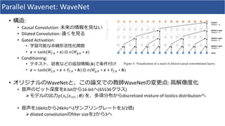 Parallel	Wavenet:	WaveNet
• 構造:
• Causal	Convolution:	未来の情報を⾒ない
• Dilated	Convolution:	遠くを⾒る
• Gated	Activation:	
• 学習可能な⾮線形活性化関数
• 𝒛 = tanh(𝑊8,9 ∗ 𝒙) ⨀	𝜎(𝑊?,9 ∗ 𝒙)
• Conditioning:
• テキスト、話者などの追加情報(𝒉)で条件付け
• 𝒛 = tanh(𝑊8,9 ∗ 𝒙 + 𝑉8,9 ∗ 𝒉) ⨀	𝜎(𝑊?,9 ∗ 𝒙 + 𝑉8,9 ∗ 𝒉)
• オリジナルのWaveNetと、この論⽂での教師WaveNetの変更点:	⾼解像度化
• ⾳声のビット深度を8-bitから16-bitへ(65536クラス)
Øモデルの出⼒𝑝 𝑥* 𝑥,*, ; 𝜽 を、多項分布からdiscretized	mixture	of	loistics distributionへ
• ⾳声を16kHzから24kHzへ(サンプリングレートを3/2倍)
Ødilated	convolutionのfilter	sizeを2から3へ
 