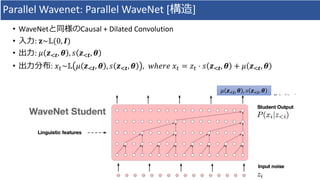 Parallel	Wavenet:	Parallel	WaveNet [構造]
• WaveNetと同様のCausal	+	Dilated	Convolution
• ⼊⼒:	𝐳~𝕃(0, 𝑰)	
• 出⼒:	𝜇 𝒛,𝒕, 𝜽 , 𝑠 𝒛,𝒕, 𝜽
• 出⼒分布:	𝑥*~𝕃 𝜇 𝒛,𝒕, 𝜽 , 𝑠 𝒛,𝒕, 𝜽 , 𝑤ℎ𝑒𝑟𝑒	𝑥* = 𝑧* ⋅ 𝑠 𝒛,𝒕, 𝜽 + 𝜇 𝒛,𝒕, 𝜽
𝜇 𝒛,𝒊, 𝜽 , 𝑠 𝒛,𝒊, 𝜽
 