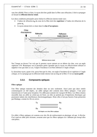 24 / 68
sans être affaibli. Pour ce faire, le rayon doit être guidé dans la fibre sans réfraction, il doit se propager
en faisant la réflexion interne totale.
Les deux conditions principales pour réaliser la réflexion interne totale sont :
• l’indice de réfraction n0 du cœur de la fibre doit être supérieur à l’indice de réfraction de la
gaine n1,
• le rayon entrant doit se situer dans le cône d’acceptance.
Réflexion interne totale
Sur l’image au dessus l’on voit que le premier rayon entrant est en dehors du cône, avec un angle
supérieur à θ0. Remarquez sur la première partie agrandie que le rayon est effectivement réfracté et
rappelez-vous que dans ce cas, l’angle d’incidence α est bien inférieur à l’angle critique.
Le deuxième rayon, quant à lui, passe bien par le cône, son angle d’incidence β est supérieur à l’angle
critique, et il se propage par la réflexion totale interne tout au long de la fibre. C’est un rayon guidé.
3.3.2. Composants optiques
Fibre optique
Une fibre optique transmet des données dans un sens seulement. Aussi pour que deux entités
communiquent en full duplex, un câble optique doit contenir deux fibres optiques : l’une pour
transmission et l’autre pour réception. Un câble peut contenir de 2 jusqu'à 48 fibres. Les fibres réunies
ensemble dans un câble ne créent pas de bruit, car elles ne portent pas d’impulsions électriques qui
pourraient induire des interférences électromagnétiques. Donc elles n’ont pas besoin d’une protection
par blindage, comme les fils en cuivre.
Full duplex avec deux fibres optiques
Un câble à fibres optiques est soutenu avec des fils de renforcement en plastique, tel que le Kevlar.
Ceci rend un câble plus résistant, assurant ainsi que les fibres optiques ne s’abîment pas lorsqu’elles
sont pliées.
 