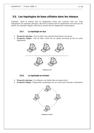 31 / 68
3.6. Les topologies de base utilisées dans les réseaux
Topologie : décrit la manière dont les équipements réseau sont connectés entre eux. Nous
distinguerons les topologies physiques, décrivant la manière dont les équipements sont reliés par des
médias, des topologies logiques, décrivant la manière dont les équipements communiquent.
3.6.1. La topologie en bus
• Perspective physique : Tous les hôtes sont connectés directement à une liaison
• Perspective logique : Tous les hôtes voient tous les signaux provenant de tous les autres
équipements
Topologie en bus
3.6.2. La topologie en anneau
• Perspective physique : Les éléments sont chaînés dans un anneau fermé
• Perspective logique : Chaque hôte communique avec ses voisins pour véhiculer l’information
Topologie en anneau
 