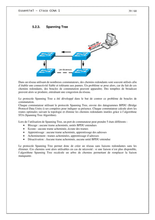 39 / 68
5.2.3. Spanning Tree
Dans un réseau utilisant de nombreux commutateurs, des chemins redondants sont souvent utilisés afin
d’établir une connectivité fiable et tolérante aux pannes. Un problème se pose alors, car du fait de ces
chemins redondants, des boucles de commutation peuvent apparaître. Des tempêtes de broadcast
peuvent alors se produire, entraînant une congestion du réseau.
Le protocole Spanning Tree a été développé dans le but de contrer ce problème de boucles de
commutation.
Chaque commutateur utilisant le protocole Spanning Tree, envoie des datagrammes BPDU (Bridge
Protocol Data Units) à ses compères pour indiquer sa présence. Chaque commutateur calcule alors les
routes optimales suivant la topologie et élimine les chemins redondants inutiles grâce à l’algorithme
STA (Spanning Tree Algorithm).
Lors de l’utilisation de Spanning Tree, un port de commutateur peut prendre 5 états différents :
• Blocage : aucune trame acheminée, unités BPDU entendues
• Ecoute : aucune trame acheminée, écoute des trames
• Apprentissage : aucune trame acheminée, apprentissage des adresses
• Acheminement : trames acheminées, apprentissage d’adresses
• Désactivation : Aucune trame acheminée, aucune unité BPDU entendue
Le protocole Spanning Tree permet donc de créer un réseau sans liaisons redondantes sans les
éliminer. Ces chemins sont alors utilisables en cas de nécessité : si une liaison n’est plus disponible,
l’algorithme Spanning Tree recalcule un arbre de chemins permettant de remplacer la liaison
manquante.
 