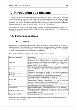 5 / 68
1. Introduction aux réseaux
A l’origine, un réseau était un rassemblement de personnes ou d’objets. De nos jours on entend par
réseau, les réseaux d’entreprises, qui connectent différentes machines afin de pouvoir les faire
communiquer entre elles. Que ce soit pour le partage de fichiers ou l’envoi de messages, la plupart des
entreprises sont aujourd’hui dotées d’un réseau afin d’être plus efficientes (il est quand même plus
simple de transférer un fichier par Internet que de l’envoyer sur CD par la poste).
Au cours de cet essentiel nous allons étudier comment les informations (fichier, données, etc.)
circulant sur des réseaux de petite taille (PAN, LAN) ou plus grande taille (MAN, WAN), ainsi que la
connectique utilisée.
1.1. Connexion à un réseau
1.1.1. Matériel
Un ordinateur est composé de divers éléments. Avant de connecter votre ordinateur sur un réseau, il
est nécessaire que vous connaissiez ce qui le compose, afin qu’en cas de panne vous sachiez identifier
si cela provient du réseau ou non. De plus, cela vous permettra d’être plus familier avec une machine
et pourra sûrement vous aider en cas de panne d’un ordinateur.
Voici la liste des différents composants de votre pc, ainsi que leurs descriptions :
Liste des composants Description
Carte mère
La carte électronique principale dans un ordinateur. La carte mère
contient les bus, le microprocesseur, et des circuits intégrés utilisés
pour commander tous les périphériques extérieurs tels que le clavier,
l'affichage graphique, les ports série et les ports parallèles, ou
encore les ports USB ou Firewire.
Processeur
Puce de silicium effectuant tous les calculs arithmétiques et logiques
dans un ordinateur. Il gère aussi les flux d’informations dans un
ordinateur.
RAM (Random Access
Memory)
Mémoire vive permettant de stocker les instructions en attente de
traitement, autant que les données temporaires. Une fois l’ordinateur
éteint cette mémoire se vide, contrairement au disque dur.
Disque Dur
Aussi appelé HDD (Hard Disk Drive en Anglais).
Disque de stockage de données. C’est sur le disque dur que vous
enregistrez vos données. Contrairement à la RAM, le disque dur
conserve vos données même si l’ordinateur est éteint.
Bus
Canal de communication interne à un ordinateur par lequel transitent
les données entre les différents composants.
Alimentation Composant fournissant l’alimentation nécessaire à votre ordinateur.
ROM (Read Only Memory)
Mémoire accessible uniquement en lecture une fois la mémoire
écrite. Ce genre de composant sert à stocker des informations qui ne
doivent pas être effacées.
Lecteur de CD-ROM Dispositif permettant de lire des CD-ROM
Il existe aussi des composants de fond de panier (backplane en Anglais) qui permettent d’ajouter des
extensions à votre carte mère.
 