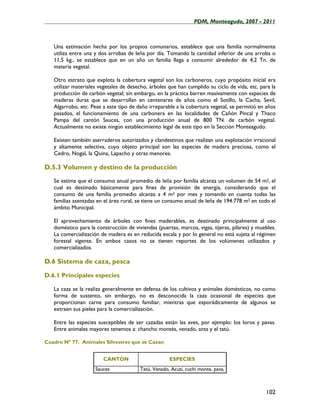 ____________________________________________________PDM, Monteagudo, 2007 - 2011



   Una estimación hecha por los propios comunarios, establece que una familia normalmente
   utiliza entre una y dos arrobas de leña por día. Tomando la cantidad inferior de una arroba o
   11,5 kg., se establece que en un año un familia llega a consumir alrededor de 4,2 Tn. de
   materia vegetal.

   Otro estrato que explota la cobertura vegetal son los carboneros, cuyo propósito inicial era
   utilizar materiales vegetales de desecho, árboles que han cumplido su ciclo de vida, etc. para la
   producción de carbón vegetal; sin embargo, en la práctica barren masivamente con especies de
   maderas duras que se desarrollan en centenares de años como el Sotillo, la Cacha, Sevil,
   Algarrobo, etc. Pese a este tipo de daño irreparable a la cobertura vegetal, se permitió en años
   pasados, el funcionamiento de una carbonera en las localidades de Cañón Pincal y Thaco
   Pampa del cantón Sauces, con una producción anual de 800 TN. de carbón vegetal.
   Actualmente no existe ningún establecimiento legal de este tipo en la Sección Monteagudo.

   Existen también aserraderos autorizados y clandestinos que realizan una explotación irracional
   y altamente selectiva, cuyo objeto principal son las especies de madera preciosa, como el
   Cedro, Nogal, la Quina, Lapacho y otras menores.

D.5.3 Volumen y destino de la producción
   Se estima que el consumo anual promedio de leña por familia alcanza un volumen de 54 m3, el
   cual es destinado básicamente para fines de provisión de energía, considerando que el
   consumo de una familia promedio alcanza a 4 m3 por mes y tomando en cuenta todas las
   familias asentadas en el área rural, se tiene un consumo anual de leña de 194.778 m3 en todo el
   ámbito Municipal.

   El aprovechamiento de árboles con fines maderables, es destinado principalmente al uso
   doméstico para la construcción de viviendas (puertas, marcos, vigas, tijeras, pilares) y muebles.
   La comercialización de madera es en reducida escala y por lo general no está sujeta al régimen
   forestal vigente. En ambos casos no se tienen reportes de los volúmenes utilizados y
   comercializados.

D.6 Sistema de caza, pesca

D.6.1 Principales especies

   La caza se la realiza generalmente en defensa de los cultivos y animales domésticos, no como
   forma de sustento, sin embargo, no es desconocida la caza ocasional de especies que
   proporcionan carne para consumo familiar, mientras que esporádicamente de algunos se
   extraen sus pieles para la comercialización.

   Entre las especies susceptibles de ser cazadas están las aves, por ejemplo: los loros y pavas.
   Entre animales mayores tenemos a: chancho montés, venado, anta y el tatú.

Cuadro Nº 77. Animales Silvestres que se Cazan


                        CANTON                       ESPECIES
                     Sauces             Tatú, Venado, Acuti, cuchi monte, pava,



                                                                                               102
 