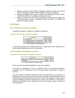 ____________________________________________________PDM, Monteagudo, 2007 - 2011



       •   Población en Edad de Trabajar (PET): La Población en Edad de Trabajar (entre 10 y 59
           años) en Monteagudo, equivale a 18.209, el 68.70%, del total de la población.
       •   Población que efectivamente Trabaja: La población que efectivamente trabaja es 8.217,
           el 45,12% (de la PET) y es considerada económicamente activa.
       •   Población en Edad Escolar que Trabaja: La población en edad escolar que trabaja es de
           1.176 adolescentes y jóvenes y representa el 6,45% de la PET y el 10.29% de la
           población en edad de estudiar.

G.2 Empleo

G.2.1 Población ocupada por categoría

   La población ocupada por categoría en el empleo es la siguiente:

Cuadro Nº 87. Población ocupada por categoría

                                     Categoría                    1992     2001
                        1.- Asalariados                           1.704    2.023
                        2.- Independientes con remuneración 4.654          4.487
                        3.- Independientes sin remuneración         835      415
                      Fuente: Atlas Estadístico de Municipios 2005

   Los tipos predominantes de actividades determinan su categorización como trabajadores por
   cuenta propia, independientes con o sin remuneración.

G.2.2 Principales Actividades económica

Cuadro Nº 88. Las principales actividades económicas

                                    Categoría                      1992       2001
                    Agricultura, Ganadería, Caza y Silvicultura   63.03%     74.53%
                    Comercio                                       5.20%       10.11
                  Fuente: Atlas Estadístico de Municipios 2005

   No se encontró información desagregada por sexo en las categorías.

   El municipio de Monteagudo al tener una población urbana y rural desarrolla diferentes
   actividades tanto en la agricultura como en la pecuaria para la generación de empleo y
   economía.

   En el área urbana la actividad principal de las mujeres está relacionada con el comercio y la
   prestación de servicios, aunque en los últimos años su actividad se ha diversificando hacia la
   industrialización de productos agrícolas y pecuarios, dando valor agregado a la materia prima.
   En estas actividades predomina la iniciativa de las mujeres que se dedican a la fabricación y
   embase de mermeladas, licores y derivados de leche como el queso y yogurt, derivados de
   carne (embutidos).




                                                                                            113
 