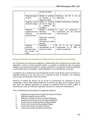 ____________________________________________________PDM, Monteagudo, 2007 - 2011


                                      servicios de salud

                  Programa seguros   Ampliar la cobertura - Cobertura del 85 % de los
                  de salud.          de atención en los asegurados
                                     seguros de salud
                  Programa control Reducir la incidencia - 2.600 viviendas fueron mejoradas
                  del mal de chagas de mal de chagas en
                                     la    población    del
                                     municipio
                  Programa           Ampliar y fortalecer - 2 cursos de capacitación y
                  capacitación de la destrezas          del actualización año del personal
                  población      en personal de salud          técnico de salud.
                  temas de salud
                                     Desarrollar campañas
                                     educativas           e
                                     informativas en temas
                                     de salud
                  Programa           Garantizar          la - El 95 % de los recursos
                  operación        y operatibilidad de los programados en el POA se
                  funcionamiento     servicios de salud        ejecutan anualmente.
                  del servicio de
                  salud


Programa Construcción Ampliación Y Mantenimiento Infraestructura De Salud.

Los 12 proyectos de construcción ampliación y mantenimiento de la infraestructura en salud, están
destinados a invertir recursos buscando alcanzar un estándar de distribución física del espacio
utilizado y aprovechado para atender en óptimas condiciones a los pacientes, donde el profesional
en salud, desarrolle sus actividades y responsabilidades con la comodidad que se requiera.

La ampliación de la infraestructura del Hospital San Antonio de los Sauces, busca incrementar su
capacidad resolutiva ya que este centro es un referente de todo el municipio y de municipios
vecinos como son Huacareta y Villa Vaca Guzmán

Asimismo el hospital San Antonio de los Sauces ha incrementado sus coberturas de forma
considerable y esto se debe fundamentalmente a la presencia de apoyo de los médicos cubanos.
Para lograr los objetivos planteados se propone las siguientes líneas de acción: ampliar la
infraestructura, construir ambientes colaterales, refaccionar y readecuar la infraestructura.

Se ha considerado para este programa los siguientes proyectos:

   i.      Ampliación y mejoramiento Hospital San Antonio de Sauces
   ii.     Refacción Hospital San Juan del Pirai
   iii.    Refacción y Ampliación Centro de salud Chapimayu
   iv.     Ampliación sala de internación San Miguel del Bañado
   v.      Construcción un Ambiente Posta Sanitaria Roldada
   vi.     Construcción Unidad de Entomología (Chagas)
   vii.    Construcción Centro de salud Los Arcos
   viii.   Construcción puesto de salud cruce Piraimiri


                                                                                             133
 
