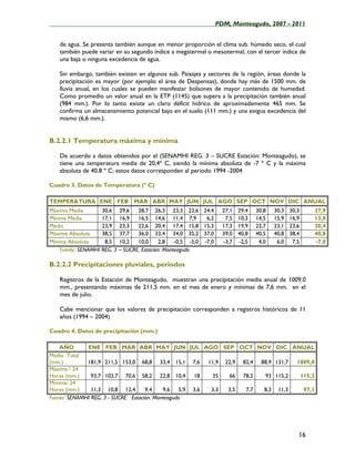 ____________________________________________________PDM, Monteagudo, 2007 - 2011


    de agua. Se presenta también aunque en menor proporción el clima sub. húmedo seco, el cual
    también puede variar en su segundo índice a megatermal o mesotermal, con el tercer índice de
    una baja o ninguna excedencia de agua.

    Sin embargo, también existen en algunos sub. Paisajes y sectores de la región, áreas donde la
    precipitación es mayor (por ejemplo el área de Despensas), donde hay más de 1500 mm. de
    lluvia anual, en los cuales se pueden manifestar bolsones de mayor contenido de humedad.
    Como promedio un valor anual en la ETP (1145) que supera a la precipitación también anual
    (984 mm.). Por lo tanto existe un claro déficit hídrico de aproximadamente 465 mm. Se
    confirma un almacenamiento potencial bajo en el suelo (111 mm.) y una exigua excedencia del
    mismo (6,6 mm.).


B.2.2.1 Temperatura máxima y mínima

    De acuerdo a datos obtenidos por el (SENAMHI REG. 3 – SUCRE Estación: Monteagudo), se
    tiene una temperatura media de 20,4º C, siendo la mínima absoluta de -7 º C y la máxima
    absoluta de 40.8 º C; estos datos corresponden al periodo 1994 -2004

Cuadro 3. Datos de Temperatura (º C)

TEMPERATURA ENE FEB MAR ABR MAY JUN JUL AGO SEP OCT NOV DIC ANUAL
Máxima Media        30,6 29,6     28,7 26,3 23,3 23,6 24,4         27,1   29,4   30,8   30,3   30,3    27,9
Mínima Media        17,1 16,9     16,5 14,6 11,4 7,9         6,2    7,5   10,3   14,5   15,9   16,9    13,0
Media               23,9 23,3     22,6 20,4 17,4 15,8 15,3         17,3   19,9   22,7   23,1   23,6    20,4
Máxima Absoluta     38,5 37,7     36,0 33,4 34,0 35,2 37,0         39,0   40,8   40,5   40,8   38,4    40,8
Mínima Absoluta      8,5 10,2     10,0      2,8   -0,5 -5,0 -7,0   -3,7   -2,5    4,0    6,0    7,5    -7,0
    Fuente: SENAMHI REG. 3 – SUCRE. Estación: Monteagudo

B.2.2.2 Precipitaciones pluviales, periodos

    Registros de la Estación de Monteagudo, muestran una precipitación media anual de 1009.0
    mm., presentando máximas de 211,5 mm. en el mes de enero y mínimas de 7,6 mm. en el
    mes de julio.

    Cabe mencionar que los valores de precipitación corresponden a registros históricos de 11
    años (1994 – 2004)

Cuadro 4. Datos de precipitación (mm.)

    AÑO       ENE FEB MAR ABR MAY JUN JUL AGO SEP OCT NOV DIC ANUAL
Media Total
(mm.)         181,9 211,5 153,0 68,8 33,4 15,1 7,6 11,9 22,9 82,4 88,9 131,7 1009,0
Máxima / 24
Horas (mm.)     93,7 103,7 70,6 58,2 22,8 10,4 18       35  66 78,2 93 115,2  115,2
Mínima/ 24
Horas (mm.)     11,3 10,8 12,4       9,4    9,6 5,9 3,6 3,3 3,5 7,7 8,3 11,3   97,1
Fuente: SENAMHI REG. 3 - SUCRE Estación: Monteagudo




                                                                                                  16
 