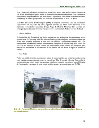 ____________________________________________________PDM, Monteagudo, 2007 - 2011


   En el campo de la infraestructura se notan limitaciones, sobre todo, en los centros de salud de
   Los Arcos, Roldada y Piraymiri; donde se presentan mayores inconvenientes. En lo referente al
   equipamiento, se puede señalar que de acuerdo a reportes de salud: va de insuficiente a bueno,
   sin embargo el centro que presenta una situación muy alarmante es el de Los Arcos.

   En el Plan de Género de Monteagudo (2006) las mujeres consideran, a su vez, insuficiente
   equipamiento en las postas de salud, reportan también que faltan postas sanitarias en las
   siguientes comunidades: Cañadillas, Sivinga Mayu B, Mataral, Naranjos, San Lorenzo, sin
   embargo algunas de estas demandas no responden a políticas de la Red de Servicio de Salud.

   •   Apoyo logístico

   El Hospital de San Antonio de los Sauces cuenta con una ambulancia, dos camionetas y tres
   motocicletas. El Centro de Salud San Juan del Piray con una ambulancia y una motocicleta, que
   sirven para trasladar enfermos y para que los médicos y enfermeras puedan salir a las
   comunidades para efectuar trabajos de supervisión, campañas de vacunación y otras tareas. Un
   70 % de los centros de salud cuenta con motocicletas como medio de transporte para
   efectuar las actividades, la accesibilidad a los puestos de los Arcos e Ingavi se realiza en
   caballos.

   •   Red Radial

   Todos los establecimientos cuentan con radios de comunicación que funcionan regularmente,
   estas trabajan con paneles solares, en su mayoría por falta de energía eléctrica. Este medio de
   comunicación permite a todos los sectores, establecer contacto permanente con el Hospital
   de Monteagudo, y en casos de emergencia también acude a la comunicación por ENTEL.




C.6.1.3 Personal Medico, paramédico y administrativo de salud por Sexo y
establecimiento.




                                                                                               58
 
