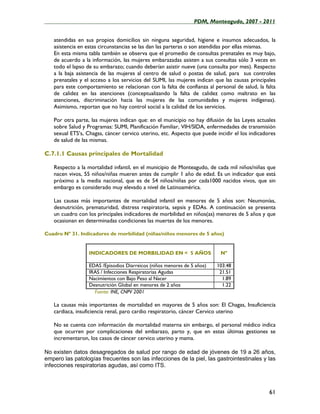 ____________________________________________________PDM, Monteagudo, 2007 - 2011


   atendidas en sus propios domicilios sin ninguna seguridad, higiene e insumos adecuados, la
   asistencia en estas circunstancias se las dan las parteras o son atendidas por ellas mismas.
   En esta misma tabla también se observa que el promedio de consultas prenatales es muy bajo,
   de acuerdo a la información, las mujeres embarazadas asisten a sus consultas sólo 3 veces en
   todo el lapso de su embarazo; cuando deberían asistir nueve (una consulta por mes). Respecto
   a la baja asistencia de las mujeres al centro de salud o postas de salud, para sus controles
   prenatales y el acceso a los servicios del SUMI, las mujeres indican que las causas principales
   para este comportamiento se relacionan con la falta de confianza al personal de salud, la falta
   de calidez en las atenciones (conceptualizando la falta de calidez como maltrato en las
   atenciones, discriminación hacia las mujeres de las comunidades y mujeres indígenas).
   Asimismo, reportan que no hay control social a la calidad de los servicios.

   Por otra parte, las mujeres indican que: en el municipio no hay difusión de las Leyes actuales
   sobre Salud y Programas: SUMI, Planificación Familiar, VIH/SIDA, enfermedades de transmisión
   sexual ETS’s, Chagas, cáncer cervico uterino, etc. Aspecto que puede incidir el los indicadores
   de salud de las mismas.

C.7.1.1 Causas principales de Mortalidad

   Respecto a la mortalidad infantil, en el municipio de Monteagudo, de cada mil niños/niñas que
   nacen vivos, 55 niños/niñas mueren antes de cumplir 1 año de edad. Es un indicador que está
   próximo a la media nacional, que es de 54 niños/niñas por cada1000 nacidos vivos, que sin
   embargo es considerado muy elevado a nivel de Latinoamérica.

   Las causas más importantes de mortalidad infantil en menores de 5 años son: Neumonías,
   desnutrición, prematuridad, distress respiratoria, sepsis y EDAs. A continuación se presenta
   un cuadro con los principales indicadores de morbilidad en niños(as) menores de 5 años y que
   ocasionan en determinadas condiciones las muertes de los menores.

Cuadro Nº 31. Indicadores de morbilidad (niñas/niños menores de 5 años)


                  INDICADORES DE MORBILIDAD EN < 5 AÑOS                   Nº

                  EDAS /Episodios Diarreicos (niños menores de 5 años)   103.48
                  IRAS / Infecciones Respiratorias Agudas                 21.51
                  Nacimientos con Bajo Peso al Nacer                       1.89
                  Desnutrición Global en menores de 2 años                 1.22
                    Fuente: INE, CNPV 2001

   La causas más importantes de mortalidad en mayores de 5 años son: El Chagas, Insuficiencia
   cardiaca, insuficiencia renal, paro cardio respiratorio, cáncer Cervico uterino

   No se cuenta con información de mortalidad materna sin embargo, el personal médico indica
   que ocurren por complicaciones del embarazo, parto y, que en estas últimas gestiones se
   incrementaron, los casos de cáncer cervico uterino y mama.

No existen datos desagregados de salud por rango de edad de jóvenes de 19 a 26 años,
empero las patologías frecuentes son las infecciones de la piel, las gastrointestinales y las
infecciones respiratorias agudas, así como ITS.



                                                                                               61
 