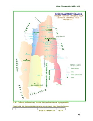 ____________________________________________________PDM, Monteagudo, 2007 - 2011




C.8.2 Calidad, cobertura y estado de los sistemas de agua potable

Cuadro Nº 34. Disponibilidad de Agua por Cañería 2005 Cantón Sauces

                               AGUA DE CAÑERIA DE     TOTAL


                                                                             65
 