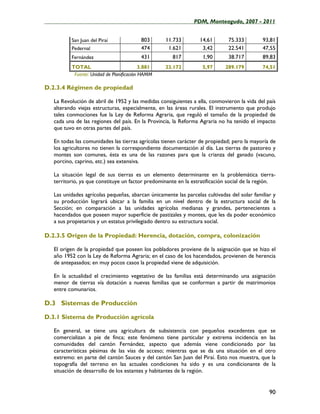 ____________________________________________________PDM, Monteagudo, 2007 - 2011


          San Juan del Piraí              803      11.733         14,61       75.333         93,81
          Pedernal                        474       1.621          3,42       22.541         47,55
          Fernández                       431         817          1,90       38.717         89,83
          TOTAL                            3.881   23.172          5,97      289.179         74,51
           Fuente: Unidad de Planificación HAMM

D.2.3.4 Régimen de propiedad

   La Revolución de abril de 1952 y las medidas consiguientes a ella, conmovieron la vida del país
   alterando viejas estructuras, especialmente, en las áreas rurales. El instrumento que produjo
   tales conmociones fue la Ley de Reforma Agraria, que reguló el tamaño de la propiedad de
   cada una de las regiones del país. En la Provincia, la Reforma Agraria no ha tenido el impacto
   que tuvo en otras partes del país.

   En todas las comunidades las tierras agrícolas tienen carácter de propiedad; pero la mayoría de
   los agricultores no tienen la correspondiente documentación al día. Las tierras de pastoreo y
   montes son comunes, ésta es una de las razones para que la crianza del ganado (vacuno,
   porcino, caprino, etc.) sea extensiva.

   La situación legal de sus tierras es un elemento determinante en la problemática tierra-
   territorio, ya que constituye un factor predominante en la estratificación social de la región.

   Las unidades agrícolas pequeñas, abarcan únicamente las parcelas cultivadas del solar familiar y
   su producción logrará ubicar a la familia en un nivel dentro de la estructura social de la
   Sección; en comparación a las unidades agrícolas medianas y grandes, pertenecientes a
   hacendados que poseen mayor superficie de pastizales y montes, que les da poder económico
   a sus propietarios y un estatus privilegiado dentro su estructura social.

D.2.3.5 Origen de la Propiedad: Herencia, dotación, compra, colonización

   El origen de la propiedad que poseen los pobladores proviene de la asignación que se hizo el
   año 1952 con la Ley de Reforma Agraria; en el caso de los hacendados, provienen de herencia
   de antepasados; en muy pocos casos la propiedad viene de adquisición.

   En la actualidad el crecimiento vegetativo de las familias está determinando una asignación
   menor de tierras vía dotación a nuevas familias que se conforman a partir de matrimonios
   entre comunarios.

D.3 Sistemas de Producción

D.3.1 Sistema de Producción agrícola

   En general, se tiene una agricultura de subsistencia con pequeños excedentes que se
   comercializan a pie de finca; este fenómeno tiene particular y extrema incidencia en las
   comunidades del cantón Fernández, aspecto que además viene condicionado por las
   características pésimas de las vías de acceso; mientras que se da una situación en el otro
   extremo: en parte del cantón Sauces y del cantón San Juan del Piraí. Esto nos muestra, que la
   topografía del terreno en las actuales condiciones ha sido y es una condicionante de la
   situación de desarrollo de los estantes y habitantes de la región.


                                                                                                90
 