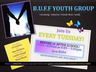 Becoming United as Friends then Family




Meet an AMAZING group of people! Filled with games and activities! EVERYONE IS WELCOME!
 