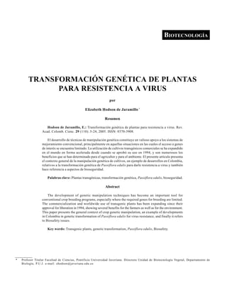 5HODSON DE JARAMILLO, E.: TRANSFORMACIÓN GENÉTICA DE PLANTAS PARA RESISTENCIA A VIRUS
BIOTECNOLOGÍA
Hodson de Jaramillo, E.: Transformación genética de plantas para resistencia a virus. Rev.
Acad. Colomb. Cienc. 29 (110): 5-24, 2005. ISSN: 0370-3908.
El desarrollo de técnicas de manipulación genética constituye un valioso apoyo a los sistemas de
mejoramiento convencional, principalmente en aquellas situaciones en las cuales el acceso a genes
de interés se encuentra limitado. La utilización de cultivos transgénicos comerciales se ha expandido
en el mundo en forma acelerada desde cuando se aprobó su uso en 1994, y son numerosos los
beneficios que se han determinado para el agricultor y para el ambiente. El presente artículo presenta
el contexto general de la manipulación genética de cultivos, un ejemplo de desarrollos en Colombia,
relativos a la transformación genética de Passiflora edulis para darle resistencia a virus y también
hace referencia a aspectos de bioseguridad.
Palabras clave: Plantas transgénicas, transformación genética, Passiflora edulis, bioseguridad.
Abstract
The development of genetic manipulation techniques has become an important tool for
conventional crop breeding programs, especially where the required genes for breeding are limited.
The commercialization and worldwide use of transgenic plants has been expanding since their
approval for liberation in 1994, showing several benefits for the farmers as well as for the environment.
This paper presents the general context of crop genetic manipulation, an example of developments
in Colombia in genetic transformation of Passiflora edulis for virus resistance, and finally it refers
to Biosafety issues.
Key words: Transgenic plants, genetic transformation, Passiflora edulis, Biosafety.
* Profesor Titular Facultad de Ciencias, Pontificia Universidad Javeriana. Directora Unidad de Biotecnología Vegetal, Departamento de
Biología, P.U.J. e-mail: ehodson@javeriana.edu.co
TRANSFORMACIÓN GENÉTICA DE PLANTAS
PARA RESISTENCIA A VIRUS
por
Elizabeth Hodson de Jaramillo *
Resumen
 