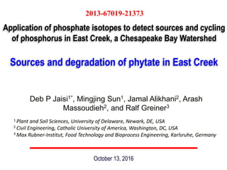 Application of phosphate isotopes to detect sources and cycling
of phosphorus in East Creek, a Chesapeake Bay Watershed
Sources and degradation of phytate in East Creek
October 13, 2016
Deb P Jaisi1*, Mingjing Sun1, Jamal Alikhani2, Arash
Massoudieh2, and Ralf Greiner3
1 Plant and Soil Sciences, University of Delaware, Newark, DE, USA
2 Civil Engineering, Catholic University of America, Washington, DC, USA
3 Max Rubner-Institut, Food Technology and Bioprocess Engineering, Karlsruhe, Germany
2013-67019-21373
 