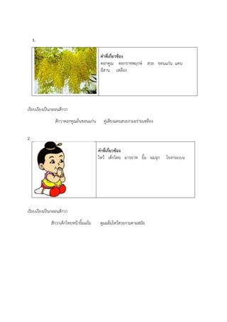 1.
คําที่เกี่ยวข้อง
ดอกคูณ ดอกราชพฤกษ์ สวย ขอนแก่น แคน
อีสาน เหลือง
เรียบเรียงเป็นกลอนสักวา
สักวาดอกคูณถิ่นขอนแก่น คู่เสียงแคนสวยงามอร่ามเหลือง
2.
คําที่เกี่ยวข้อง
ไหว้ เด็กไทย มารยาท ยิ้ม ผมจุก โจงกระเบน
เรียบเรียงเป็นกลอนสักวา
สักวาเด็กไทยหน้ายิ้มแย้ม ดูแฉล้มไหว้สวยงามตามสมัย
 