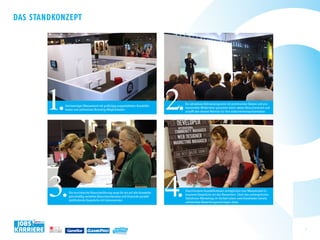 das sTandKonzepT




       1.            Hochwertiger Messestand mit großzügig ausgestatteten Aussteller­
                     boxen und zahlreichen Branding­Möglichkeiten.                         2.   Ein attraktives Bühnenprogramm mit prominenten Gästen und pro­
                                                                                                fessioneller Moderation garantiert einen steten Besucherstrom und
                                                                                                schafft den idealen Rahmen für Ihre Unternehmenspräsentation.




        3.             Die durchdachte Besucherführung sorgt für ein auf alle Aussteller
                       gleichmäßig verteiltes Besucherinteresse und Dutzende parallel
                       stattfindende Gespräche mit Interessenten.
                                                                                           4.   Geschlossene Ausstellerboxen ermöglichen trotz Messetrubel fo­
                                                                                                kussierte Gespräche mit den Bewerbern. Dank des umfangreichen
                                                                                                Teilnehmer­Marketings im Vorfeld haben viele Kandidaten bereits
                                                                                                vollständige Bewerbungsunterlagen dabei.




                                                                                                                                                                    3
        MEDIA GMBH
 