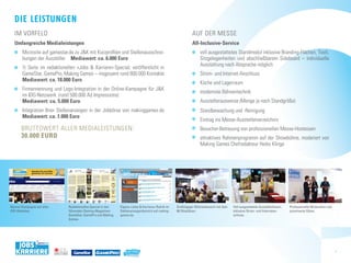 die leisTungen
  IM VoRFELD                                                                                                                                                                                                                                                                                                                                                                                                                                        AUF DER MESSE
  umfangreiche medialeistungen                                                                                                                                                                                                                                                                                                                                                                                                                      all-inclusive-Service
       Microsite auf gamestar.de zu J&K mit Kurzprofilen und Stellenausschrei-                                                                                                                                                                                                                                                                                                                                                                           voll ausgestattetes Standmodul inklusive Branding-Flächen, Tisch,
       bungen der Aussteller mediawert: ca. 6.000 Euro                                                                                                                                                                                                                                                                                                                                                                                                   Sitzgelegenheiten und abschließbarem Sideboard – individuelle
                                                                                                                                                                                                                                                                                                                                                                                                                                                         Ausstattung nach Absprache möglich
       ½ Seite im redaktionellen »Jobs & Karriere«-Special; veröffentlicht in
       GameStar, GamePro, Making Games – insgesamt rund 800.000 Kontakte                                                                                                                                                                                                                                                                                                                                                                                 Strom- und Internet-Anschluss
       mediawert: ca. 18.000 Euro
                                                                                                                                                                                                                                                                                                                                                                                                                                                         Küche und Lagerraum
       Firmennennung und Logo-Integration in der online-Kampagne für J&K
                                                                                                                                                                                                                                                                                                                                                                                                                                                         modernste Bühnentechnik
       im IDG-netzwerk (rund 500.000 Ad Impressions)
       mediawert: ca. 5.000 Euro                                                                                                                                                                                                                                                                                                                                                                                                                         Ausstellerausweise (Menge je nach Standgröße)
       Integration Ihrer Stellenanzeigen in der Jobbörse von makinggames.de                                                                                                                                                                                                                                                                                                                                                                              Standbewachung und -Reinigung
       mediawert: ca. 1.000 Euro
                                                                                                                                                                                                                                                                                                                                                                                                                                                         Eintrag ins Messe-Ausstellerverzeichnis
       BRUTToWERT ALLER MEDIALEISTUnGEn:                                                                                                                                                                                                                                                                                                                                                                                                                 Besucher-Betreuung von professionellen Messe-hostessen
       30.000 Euro                                                                                                                                                                                                                                                                                                                                                                                                                                       attraktives Rahmenprogramm auf der Showbühne, moderiert von
                                                                                                                                                                                                                                                                                                                                                                                                                                                         Making Games chefredakteur heiko Klinge



                                            Anzeige                                                                                                                                                                            Anzeige




                                                                       Assistant Producer?  BIGPOINT GMBH                                                                                                                                                Assistant Producer?   Gameforge AG
                                                                                            Christoph-Probst-Weg 3                      Tel:      040 / 88 14 13 100                                                                                                           Albert-Nestler-Straße 8                      Tel:    0721 / 354 808-0
                                                                                            20251 Hamburg                               Mail:     hr@bigpoint.net                                                                                                              76131 Karlsruhe                              Mail:   info@gameforge.de
                                                                                                                                        Web:      www.bigpoint.net                                                                                                                                                          Web:    www.gameforge.de



                                                                                                                                                                                     Unsere Projekte
                                             Wer wir sind                                                       Wen wir suchen                                                                                                 Wer wir sind                                                           Wen wir suchen                                                     Unsere Projekte
                                             Bigpoint.com ist das weltweit größte Browsergame-                  Die Besten der Besten. Unser Slogan »Be Bigpoint, be                                                           Gameforge ist der weltweit größte Anbieter von                        Wir suchen die hellsten Sterne am Jobhimmel der Spiele-
                                             Portal, zählt zu den Top-3-Gaming-Portalen der Welt                number one« zeigt, dass Spielen für uns mehr als ein                                                           Onlinespielen. Games sind unsere Leidenschaft – mit                   industrie. Menschen, die mit Leidenschaft und Begeis-
                                             und den am schnellsten wachsenden Unternehmen                      Spiel ist. Und viel mehr als ein Job. Wir liefern Spannung                                                     über 20 Spielen in mehr als 50 Sprachen vernetzen wir                 terung großartige Computerspiele erschaffen wollen.
                                             der Branche. Neben dem Hauptsitz in Hamburg gibt                   und Action, Fantasie und Spaß. Das geht nur mit viel                                                           bereits seit 2003 über 100 Millionen Spieler weltweit.                Mitarbeiter, die mit ihrer Inspiration und Fantasie ein
                                             es weitere Büros in Berlin, Malta und San Francisco.               Leidenschaft in Konzeption, Design und Coding. Wir                                                             Mit Sitz in Karlsruhe produzieren und veröffentlichen                 innovatives Unternehmen voranbringen wollen.
                                             Bigpoint beschäftigt derzeit über 450 Mitarbeiter                  brauchen Menschen, die für ihre Aufgaben brennen,                                                              wir spannende Eigenentwicklungen und verhelfen                        Herausragende Talente aus allen Bereichen der Spiele-
                                             aus mehr als 35 Nationen. Bei uns werden Spiele ent-               ehrgeizige Querdenker, die gern über den Horizont des                                                          bereits erfolgreichen Spielen zu internationaler Distri-              entwicklung, die brillante Ideen entwickeln und gestal-
                                             wickelt, die in über 25 Sprachen verfügbar sind und                Möglichen hinausschauen und uns mit ihren Ideen                                                                bution und globalem Erfolg.                                           ten. Kluge Köpfe, die mit Teamgeist und Überblick für
                                             von Russland bis Amerika kostenlos und direkt im                   fordern. Wir brauchen Champions, gute Kommunika-                                                               Gameforge-Spiele erhielten bereits zahlreiche Aus-                    einen reibungslosen Betrieb unserer Spiele sorgen. Kom-
                                             Browser von mehr als 130 Millionen Menschen ge-                    toren und Problemlöser, wir arbeiten eng vernetzt und                                                          zeichnungen: Ikariam gewann 2009 den Deutschen                        munikative Menschen, um die Kooperation mit externen
                                             spielt werden. Wir setzen auf die neuesten Techno-                 akzeptieren selten Grenzen. Wir suchen Kollegen, die aus                                                       Computerspielpreis in der Kategorie »Bestes Browser-                  Studios zu organisieren und dafür zu sorgen, dass wir
                                             logien (wie z.B. Unity) und arbeiten an spannenden                 ihrer Erfahrung zielsicher an neue Aufgaben gehen, und                                                         game«. Der Deutsche Entwicklerpreis wählte Gilde                      gemeinsam Spiele veröffentlichen können, die nur den
                                             Projekten wie dem bald erscheinenden »Poisonville«                 Führungskräfte, die Spaß an Verantwortung haben. Wir                                                           1400 zum »Besten deutschen Browserspiel 2009«.                        besten Ansprüchen genügen.
                                             oder dem Blockbuster »Battlestar Galactica Online«.                erfinden, probieren, testen und adjustieren im Dialog                                                          Doch nicht nur unsere Spiele sind prämiert – Gamefor-                 Kurz gesagt: Kolleginnen und Kollegen, die Teil der aufre-
                                             Wir bieten eine frische, aufgeschlossene und                       miteinander und vor allem mit dem Gamer. So entsteht                                                           ge gewann unter anderem den »Technology Pioneer                       genden Erfolgsgeschichte unserer Firma sein wollen.
                                             internationale Atmosphäre, offene Türen und geben                  unser hohes Tempo in Expansion und die gestalterische                                                          2009« des Weltwirtschaftsforums sowie den »Entre-
                                             unseren Mitarbeitern größtmögliche Freiräume                       Freiheit jedes Einzelnen, seine Fußabdrücke für Erfolg                                                         preneur des Jahres 2008«. Wir wurden 2010 zum »TOP
                                             für eigene Ideen und Initiativen. Teamarbeit, kurze                und eigene Entwicklung zu hinterlassen.                                                                        JOB Arbeitgeber des Jahres« gekürt. Zudem zeichnete
                                             Entscheidungswege und individuelle Entwicklungs-                   Neugierig? Triff uns bei »Jobs & Karriere« auf der                                                             uns das Great Place to Work Institute Deutschland als
                                             möglichkeiten werden bei uns großgeschrieben.                      gamescom 2010.                                                                                                 einen der besten Arbeitgeber 2010 aus.




                                             Was uns besonders macht                                                                                                                                                           Was uns besonders macht
                                             Wir bei Bigpoint haben uns für die nächsten Monate                                                                                                                                Wir bieten eine offene Arbeitsatmosphäre in einem jun-                gefüllt werden können. Wir sind ein selbstständiges Unter-
                                             und Jahre einiges vorgenommen: Dutzende neue                                                                                                                                      gen Unternehmen. Bei uns stehen Kreativität, Inspiration              nehmen, in dem freie Entscheidungen getroffen werden
                                             Spiele sind in der Entwicklung, darunter solch                                                                                                                                    und Spaß an der Arbeit im Vordergrund. Gemeinsame Er-                 können. In eingeschworenen Teams mit flachen Hierarchi-
                                             ambitionierte Projekte wie ein 3D-MMO zur Science-                                                                                                                                holungsreisen mit der ganzen Firma, legendäre Partys und              en setzen sich die besten Ideen durch und nicht der Titel
                                             Fiction-Serie »Battlestar Galactica«. Gemeinsam                                                                                                                                   eine Vielzahl von Aktivitäten und Veranstaltungen gehö-               am Türschild. Auch deshalb ist das Miteinander besonders
                                             mit Unity arbeiten wir an einer Engine-Lösung, die                                                                                                                                ren genauso dazu wie ein freundlicher Umgang miteinan-                wichtig, und das gemeinsame Kickern und Flippern gehö-
                                             plattfomübergreifendes Spielen zwischen PCs und                                                                                                                                   der. Nur so entstehen Freiräume, die mit verantwortungs-              ren genauso zum Alltag wie das zufällige Gespräch mit
                                             iPhones ermöglichen wird. Wir expandieren auf den                                                                                                                                 vollen Aufgaben und interessanten Herausforderungen                   dem Vorstand auf dem Flur.
                                             US-Markt und wollen einer der weltweit wichtigsten
                                             Publisher für Online-Spiele werden.
                                             Wir suchen derzeit neue Mitarbeiter für unsere
                                             Standorte in Hamburg, Berlin, San Francisco und auf
                                             Malta. Obwohl Bigpoint inzwischen zu den weltweit
                                             größten Gaming-Portalen zählt, tun wir alles dafür,
                                             das unkomplizierte Miteinander, die Flexibilität
                                             und den kreativen Geist aus den Anfangstagen zu
                                             erhalten. Jeder kann und soll Verantwortung über-
                                             nehmen, wir feiern gemeinsam die Erfolge, und in
                                             unserer »Dream Week« lassen alle Mitarbeiter ihre
                                             normale Arbeit ruhen, um gemeinsam innerhalb von
                                             sieben Tagen neue Spielideen umzusetzen.
                                             Egal ob Programmierer, Grafiker, Game Designer,
                                             Marketing-Experte, Producer oder Support-Mitarbei-
                                             ter, egal ob Berufseinsteiger oder Führungskraft:
                                             Du hast Talent und teilst vor allem unsere Leidenschaft
                                             für Online Games? Dann freuen wir uns auf dich!




                                            Ihre Ansprechpartner vor Ort                                                                                                                                                      Ihre Ansprechpartner vor Ort
                                                             Phillip Reisberger                   Gitta Blatt                                      Christian Godorr                        Sven Liebich                                        Ralf Mohr                                  Ralf Adam                                     Isabella Aberle
                                                             Head of Games                        Head of Human Resources                          Head of Game Design                     Head of Art / Art Director                          Head of Human Resources                    Vice President Publishing                     Recruitment & Development

                                                             Experte für: die Konzeptio-          Expertin für: die Rekrutierung, die              Experte für: die strategischen          Experte für: Kunst, aus                             Experte für: Organisations-                Experte für: 3rd-Party Develop-               Expertin für: Recruiting & De-
                                                             nierung, Umsetzung und               Organisations- und Personalentwick-              Weichen im Design, unter ande-          Millionen von Pixeln                                entwicklung und dachlose                   ment, Lokalisierung, Grafik, QA               velopment, Personalmarketing
                                                             den dauerhaften Erfolg der           lung, neben Gehaltsabrechnung und                rem im Hinblick auf Spielspaß           kleine Meisterwerke                                 Fahrkultur                                 und popkulturelle Referenzen                  und »Karlsruhe for Beginners«
                                                             Bigpoint-Spiele.                     HR Vertragswesen.                                und die Benutzerfreundlichkeit.         entstehen zu lassen.




                                         gs_sh_mg_026-027_Jobs Karriere.indd 27                                                                                                                           02.08.10 10:36   gs_sh_mg_028-029_Jobs Karriere.indd 28                                                                                                                   02.08.10 10:19




Banner­Kampagne auf allen                      Redaktionelles Special in den                                                                                                                                                                                                                                                                                                                         Eigene »Jobs & Karriere«­Rubrik im   Großzügiger Bühnenbereich mit über   Voll ausgestattete Ausstellerboxen,   Professionelle Moderation und
IDG­Websites.                                  führenden Gaming­Magazinen                                                                                                                                                                                                                                                                                                                            Stellenanzeigenbereich auf making­   60 Sitzplätzen.                      inklusive Strom­ und Internetan­      prominente Gäste.
                                               GameStar, GamePro und Making                                                                                                                                                                                                                                                                                                                          games.de                                                                  schluss.
                                               Games.




                                                                                                                                                                                                                                                                                                                                                                                                                                                                                                                                                     5
                            MEDIA GMBH
 