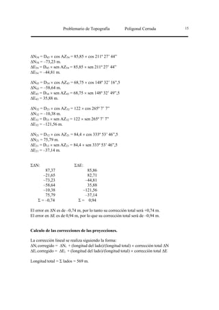 Problemario de Topografía           Poligonal Cerrada           15




∆N54 = D45 × cos AZ54 = 85,85 × cos 211º 27’ 44”
∆N54 = –73,23 m.
∆E54 = D45 × sen AZ54 = 85,85 × sen 211º 27’ 44”
∆E54 = –44,81 m.

∆N43 = D34 × cos AZ43 = 68,75 × cos 148º 32’ 16”,5
∆N43 = –58,64 m.
∆E43 = D34 × sen AZ43 = 68,75 × sen 148º 32’ 49”,5
∆E43 = 35,88 m.

∆N32 = D23 × cos AZ32 = 122 × cos 265º 7’ 7”
∆N32 = –10,38 m.
∆E32 = D23 × sen AZ32 = 122 × sen 265º 7’ 7”
∆E32 = –121,56 m.

∆N21 = D12 × cos AZ21 = 84,4 × cos 333º 53’ 46”,5
∆N21 = 75,79 m.
∆E21 = D12 × sen AZ21 = 84,4 × sen 333º 53’ 46”,5
∆E21 = –37,14 m.


Σ∆N:                     Σ∆E:
        87,37                   85,86
       –21,65                   82,71
       –73,23                  –44,81
       –58,64                   35,88
       –10,38                 –121,56
        75,79                  –37,14
    Σ = –0,74               Σ = 0,94

El error en ∆N es de –0,74 m, por lo tanto su corrección total será +0,74 m.
El error en ∆E es de 0,94 m, por lo que su corrección total será de –0,94 m.


Calculo de las correcciones de las proyecciones.

La corrección lineal se realiza siguiendo la forma:
∆Ni corregido = ∆Ni + (longitud del lado)/(longitud total) × corrección total ∆N
∆Ei corregido = ∆Ei + (longitud del lado)/(longitud total) × corrección total ∆E

Longitud total = Σ lados = 569 m.
 