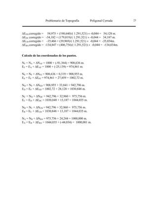 Problemario de Topografía         Poligonal Cerrada       23




∆EED corregido = 54,975 + (198,640)/( 1.291,521) × -0,044 = 54,128 m.
∆EDC corregido = -34,182 + (179,019)/( 1.291,521) × -0,044 = 34,187 m.
∆ECB corregido = -35,466 + (39,969)/( 1.291,521) × -0,044 = -35,034m.
∆EBA corregido = -134,847 + (406,754)/( 1.291,521) × -0,044 = -134,034m.


Calculo de las coordenadas de los puntos.

NF = NA + ∆NAF = 1000 + (-91,364) = 908,636 m.
EF = EA + ∆EAF = 1000 + (-25,139) = 974,861 m.

NE = NF + ∆NFE = 908,636 + 0,319 = 908,955 m.
EE = EF + ∆EFE = 974,861 + 27,859 = 1002,72 m.

ND = NF + ∆NED = 908,955 + 33,841 = 942,796 m.
ED = EF + ∆EED = 1002,72 + 28,128 = 1030,848 m.

NC = ND + ∆NDC = 942,796 + 32,960 = 975,756 m.
EC = ED + ∆EDC = 1030,848 + 13,187 = 1044,035 m.

NB = NC + ∆NCB = 942,796 + 32,960 = 975,756 m.
EB = EC + ∆ECB = 1030,848 + 13,187 = 1044,035 m.

NA = NB + ∆NBA = 975,756 + 24,244 = 1000,000 m.
EA = EB + ∆EBA = 1044,035 + (-44,034) = 1000,001 m.
 