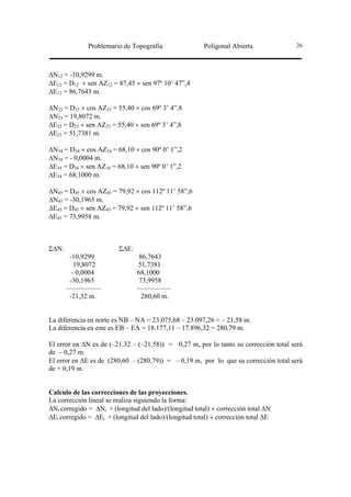 Problemario de Topografía                Poligonal Abierta             26




∆N12 = -10,9299 m.
∆E12 = D12 × sen AZ12 = 87,45 × sen 97º 10’ 47”,4
∆E12 = 86,7643 m.

∆N23 = D23 × cos AZ23 = 55,40 × cos 69º 3’ 4”,8
∆N23 = 19,8072 m.
∆E23 = D23 × sen AZ23 = 55,40 × sen 69º 3’ 4”,8
∆E23 = 51,7381 m.

∆N34 = D34 × cos AZ34 = 68,10 × cos 90º 0’ 1”,2
∆N34 = - 0,0004 m.
∆E34 = D34 × sen AZ34 = 68,10 × sen 90º 0’ 1”,2
∆E34 = 68,1000 m.

∆N45 = D45 × cos AZ45 = 79,92 × cos 112º 11’ 58”,6
∆N45 = -30,1965 m.
∆E45 = D45 × sen AZ45 = 79,92 × sen 112º 11’ 58”,6
∆E45 = 73,9958 m.



Σ∆N:                     Σ∆E:
        -10,9299                 86,7643
          19,8072               51,7381
         - 0,0004               68,1000
        -30,1965                 73,9958
       —————                    —————
        -21,32 m.                 280,60 m.


La diferencia en norte es NB – NA = 23.075,68 – 23.097,26 = – 21,58 m.
La diferencia en este es EB – EA = 18.177,11 – 17.896,32 = 280,79 m.

El error en ∆N es de (–21.32 – (–21.58)) = 0,27 m, por lo tanto su corrección total será
de – 0,27 m.
El error en ∆E es de (280,60 – (280,79)) = – 0,19 m, por lo que su corrección total será
de + 0,19 m.


Calculo de las correcciones de las proyecciones.
La corrección lineal se realiza siguiendo la forma:
∆Ni corregido = ∆Ni + (longitud del lado)/(longitud total) × corrección total ∆N
∆Ei corregido = ∆Ei + (longitud del lado)/(longitud total) × corrección total ∆E
 