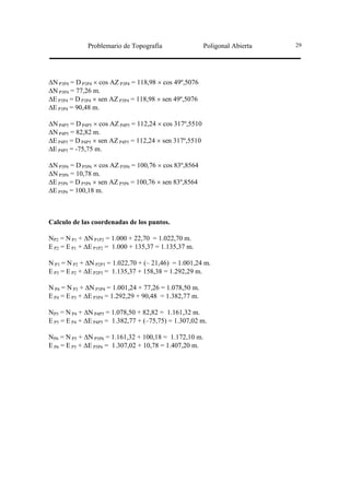 Problemario de Topografía                   Poligonal Abierta   29




∆N P3P4 = D P3P4 × cos AZ P3P4 = 118,98 × cos 49º,5076
∆N P3P4 = 77,26 m.
∆E P3P4 = D P3P4 × sen AZ P3P4 = 118,98 × sen 49º,5076
∆E P3P4 = 90,48 m.

∆N P4P5 = D P4P5 × cos AZ P4P5 = 112,24 × cos 317º,5510
∆N P4P5 = 82,82 m.
∆E P4P5 = D P4P5 × sen AZ P4P5 = 112,24 × sen 317º,5510
∆E P4P5 = -75,75 m.

∆N P5P6 = D P5P6 × cos AZ P5P6 = 100,76 × cos 83º,8564
∆N P5P6 = 10,78 m.
∆E P5P6 = D P5P6 × sen AZ P5P6 = 100,76 × sen 83º,8564
∆E P5P6 = 100,18 m.



Calculo de las coordenadas de los puntos.

NP2 = N P1 + ∆N P1P2 = 1.000 + 22,70 = 1.022,70 m.
E P2 = E P1 + ∆E P1P2 = 1.000 + 135,37 = 1.135,37 m.

N P3 = N P2 + ∆N P2P3 = 1.022,70 + (– 21,46) = 1.001,24 m.
E P3 = E P2 + ∆E P2P3 = 1.135,37 + 158,38 = 1.292,29 m.

N P4 = N P3 + ∆N P3P4 = 1.001,24 + 77,26 = 1.078,50 m.
E P4 = E P3 + ∆E P3P4 = 1.292,29 + 90,48 = 1.382,77 m.

NP5 = N P4 + ∆N P4P5 = 1.078,50 + 82,82 = 1.161,32 m.
E P5 = E P4 + ∆E P4P5 = 1.382,77 + (–75,75) = 1.307,02 m.

NP6 = N P5 + ∆N P5P6 = 1.161,32 + 100,18 = 1.172,10 m.
E P6 = E P5 + ∆E P5P6 = 1.307,02 + 10,78 = 1.407,20 m.
 