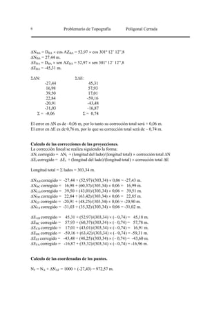 6                  Problemario de Topografía           Poligonal Cerrada




∆NBA = DBA × cos AZBA = 52,97 × cos 301º 12’ 12”,8
∆NBA = 27,44 m.
∆EBA = DBA × sen AZBA = 52,97 × sen 301º 12’ 12”,8
∆EBA = -45,31 m.

Σ∆N:                     Σ∆E:
        -27,44                   45,31
         16,98                   57,93
         39,50                   17,01
         22,84                  -59,16
        -20,91                  -43,48
        -31,03                  -16,87
    Σ = -0,06                 Σ = 0,74

El error en ∆N es de –0,06 m, por lo tanto su corrección total será + 0,06 m.
El error en ∆E es de 0,76 m, por lo que su corrección total será de – 0,74 m.


Calculo de las correcciones de las proyecciones.
La corrección lineal se realiza siguiendo la forma:
∆Ni corregido = ∆Ni + (longitud del lado)/(longitud total) × corrección total ∆N
∆Ei corregido = ∆Ei + (longitud del lado)/(longitud total) × corrección total ∆E

Longitud total = Σ lados = 303,34 m.

∆NAB corregido =   -27,44 + (52,97)/(303,34) × 0,06 = -27,43 m.
∆NBC corregido =    16,98 + (60,37)/(303,34) × 0,06 = 16,99 m.
∆NCD corregido =    39,50 + (43,01)/(303,34) × 0,06 = 39,51 m.
∆NDE corregido =    22,84 + (63,42)/(303,34) × 0,06 = 22,85 m.
∆NEF corregido =   -20,91 + (48,25)/(303,34) × 0,06 = -20,90 m.
∆NFA corregido =   -31,03 + (35,32)/(303,34) × 0,06 = -31,02 m.

∆EAB corregido =    45,31 + (52,97)/(303,34) × (– 0,74) = 45,18 m.
∆EBC corregido =    57,93 + (60,37)/(303,34) × (– 0,74) = 57,78 m.
∆ECD corregido =    17,01 + (43,01)/(303,34) × (– 0,74) = 16,91 m.
∆EDE corregido =   -59,16 + (63,42)/(303,34) × (– 0,74) = -59,31 m.
∆EEF corregido =   -43,48 + (48,25)/(303,34) × (– 0,74) = -43,60 m.
∆EFA corregido =   -16,87 + (35,32)/(303,34) × (– 0,74) = -16,96 m.


Calculo de las coordenadas de los puntos.

NF = NA + ∆NAF = 1000 + (-27,43) = 972,57 m.
 