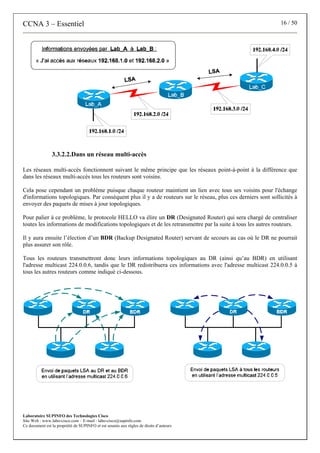 CCNA 3 – Essentiel 16 / 50
Laboratoire SUPINFO des Technologies Cisco
Site Web : www.labo-cisco.com – E-mail : labo-cisco@supinfo.com
Ce document est la propriété de SUPINFO et est soumis aux règles de droits d’auteurs
3.3.2.2.Dans un réseau multi-accès
Les réseaux multi-accès fonctionnent suivant le même principe que les réseaux point-à-point à la différence que
dans les réseaux multi-accès tous les routeurs sont voisins.
Cela pose cependant un problème puisque chaque routeur maintient un lien avec tous ses voisins pour l'échange
d'informations topologiques. Par conséquent plus il y a de routeurs sur le réseau, plus ces derniers sont sollicités à
envoyer des paquets de mises à jour topologiques.
Pour palier à ce problème, le protocole HELLO va élire un DR (Designated Router) qui sera chargé de centraliser
toutes les informations de modifications topologiques et de les retransmettre par la suite à tous les autres routeurs.
Il y aura ensuite l’élection d’un BDR (Backup Designated Router) servant de secours au cas où le DR ne pourrait
plus assurer son rôle.
Tous les routeurs transmettront donc leurs informations topologiques au DR (ainsi qu’au BDR) en utilisant
l'adresse multicast 224.0.0.6, tandis que le DR redistribuera ces informations avec l'adresse multicast 224.0.0.5 à
tous les autres routeurs comme indiqué ci-dessous.
 