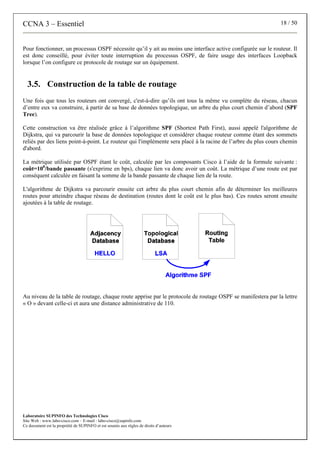 CCNA 3 – Essentiel 18 / 50
Laboratoire SUPINFO des Technologies Cisco
Site Web : www.labo-cisco.com – E-mail : labo-cisco@supinfo.com
Ce document est la propriété de SUPINFO et est soumis aux règles de droits d’auteurs
Pour fonctionner, un processus OSPF nécessite qu’il y ait au moins une interface active configurée sur le routeur. Il
est donc conseillé, pour éviter toute interruption du processus OSPF, de faire usage des interfaces Loopback
lorsque l’on configure ce protocole de routage sur un équipement.
3.5. Construction de la table de routage
Une fois que tous les routeurs ont convergé, c'est-à-dire qu’ils ont tous la même vu complète du réseau, chacun
d’entre eux va construire, à partir de sa base de données topologique, un arbre du plus court chemin d’abord (SPF
Tree).
Cette construction va être réalisée grâce à l’algorithme SPF (Shortest Path First), aussi appelé l'algorithme de
Dijkstra, qui va parcourir la base de données topologique et considérer chaque routeur comme étant des sommets
reliés par des liens point-à-point. Le routeur qui l'implémente sera placé à la racine de l’arbre du plus cours chemin
d'abord.
La métrique utilisée par OSPF étant le coût, calculée par les composants Cisco à l’aide de la formule suivante :
coût=108
/bande passante (s'exprime en bps), chaque lien va donc avoir un coût. La métrique d’une route est par
conséquent calculée en faisant la somme de la bande passante de chaque lien de la route.
L'algorithme de Dijkstra va parcourir ensuite cet arbre du plus court chemin afin de déterminer les meilleures
routes pour atteindre chaque réseau de destination (routes dont le coût est le plus bas). Ces routes seront ensuite
ajoutées à la table de routage.
Au niveau de la table de routage, chaque route apprise par le protocole de routage OSPF se manifestera par la lettre
« O » devant celle-ci et aura une distance administrative de 110.
 