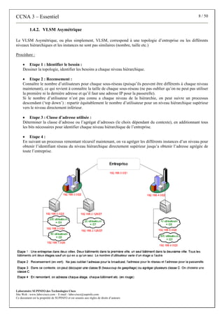 CCNA 3 – Essentiel 8 / 50
Laboratoire SUPINFO des Technologies Cisco
Site Web : www.labo-cisco.com – E-mail : labo-cisco@supinfo.com
Ce document est la propriété de SUPINFO et est soumis aux règles de droits d’auteurs
1.4.2. VLSM Asymétrique
Le VLSM Asymétrique, ou plus simplement, VLSM, correspond à une topologie d’entreprise ou les différents
niveaux hiérarchiques et les instances ne sont pas similaires (nombre, taille etc.)
Procédure :
• Etape 1 : Identifier le besoin :
Dessiner la topologie, identifier les besoins a chaque niveau hiérarchique.
• Etape 2 : Recensement :
Connaître le nombre d’utilisateurs pour chaque sous-réseau (puisqu’ils peuvent être différents à chaque niveau
maintenant), ce qui revient à connaître la taille de chaque sous-réseau (ne pas oublier qu’on ne peut pas utiliser
la première ni la dernière adresse et qu’il faut une adresse IP pour la passerelle).
Si le nombre d’utilisateur n’est pas connu a chaque niveau de la hiérarchie, on peut suivre un processus
descendant (‘top down’) : repartir équitablement le nombre d’utilisateur pour un niveau hiérarchique supérieur
vers le niveau directement inférieur.
• Etape 3 : Classe d’adresse utilisée :
Déterminer la classe d’adresse ou l’agrégat d’adresses (le choix dépendant du contexte), en additionnant tous
les bits nécessaires pour identifier chaque niveau hiérarchique de l’entreprise.
• Etape 4 :
En suivant un processus remontant récursif maintenant, on va agréger les différents instances d’un niveau pour
obtenir l’identifiant réseau du niveau hiérarchique directement supérieur jusqu’a obtenir l’adresse agrégée de
toute l’entreprise.
 