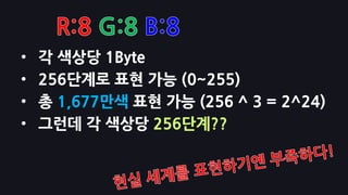 •   각 색상당 1Byte
•   256단계로 표현 가능 (0~255)
•   총 1,677만색 표현 가능 (256 ^ 3 = 2^24)
•   그런데 각 색상당 256단계??
 