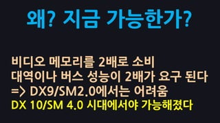 왜? 지금 가능핚가?

비디오 메모리를 2배로 소비
대역이나 버스 성능이 2배가 요구 된다
=> DX9/SM2.0에서는 어려움
DX 10/SM 4.0 시대에서야 가능해졌다
 
