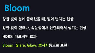 Bloom
강핚 빛이 눈에 들어왔을 때, 빛이 번지는 현상

강핚 빛이 렌즈나, 속눈썹에서 산란되어서 생기는 현상

HDR의 대표적인 효과

Bloom, Glare, Glow, 뽀샤시등으로 표현
 