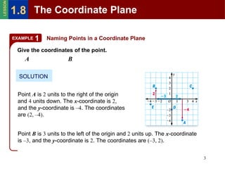 Naming Points in a Coordinate Plane SOLUTION Give the coordinates of the point. A B Point  A  is  2  units to the right of the origin and  4  units down. The  x -coordinate is  2 , and the  y -coordinate is  –4 . The coordinates are  (2, –4) . Point  B  is  3  units to the left of the origin and  2  units up. The  x -coordinate is  –3 , and the  y -coordinate is  2 . The coordinates are  (–3, 2) . EXAMPLE 1 The Coordinate Plane 1.8 LESSON 
