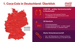 CCEP DE – größter Getränkehersteller
in Deutschland
• Teil von Coca-Cola Europacific Partners
• > 3,5 Milliarden Liter Verkaufsvolumen in 2021
• gut 6.500 Mitarbeitende
28 Standorte
• 14 Produktionsbetriebe
• 10 andere Betriebsstandorte – vor allem Logistik
• + 4 weitere Standorte, u.a. Zentrale in Berlin
Starke Verkaufsmannschaft
• über 1.000 Mitarbeitende im Verkauf und Service
• lokale individuelle Betreuung von 325.000 Kunden
1. Coca-Cola in Deutschland: Überblick
 